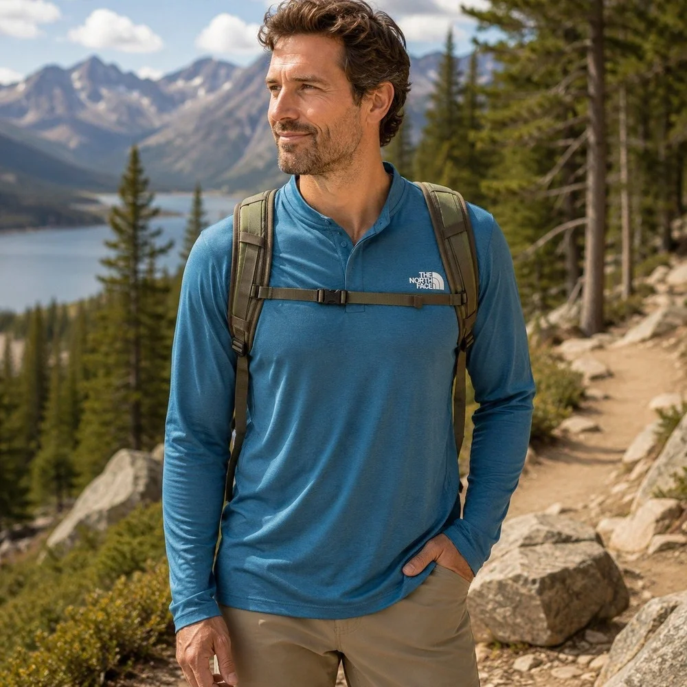 The North Face Men Active Trail Henley Sz S Teal Performance Outdoor Hiking Airy